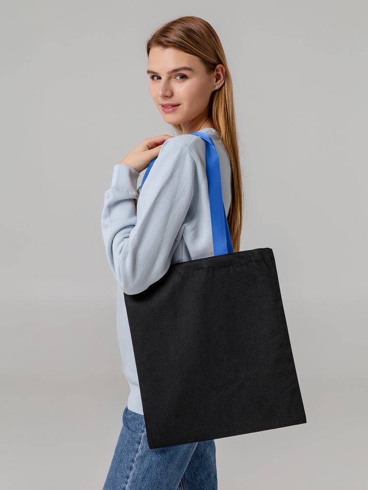 Холщовая сумка BrighTone, черная с ярко-синими ручками-3