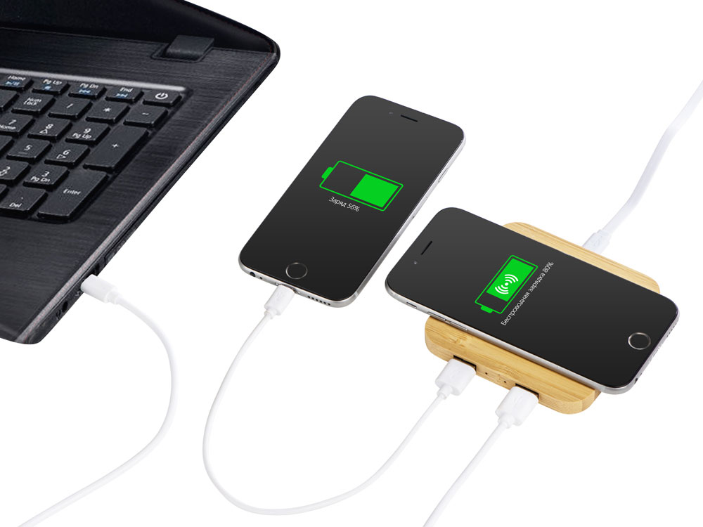 USB-хаб с беспроводной зарядкой из бамбука Plato-2