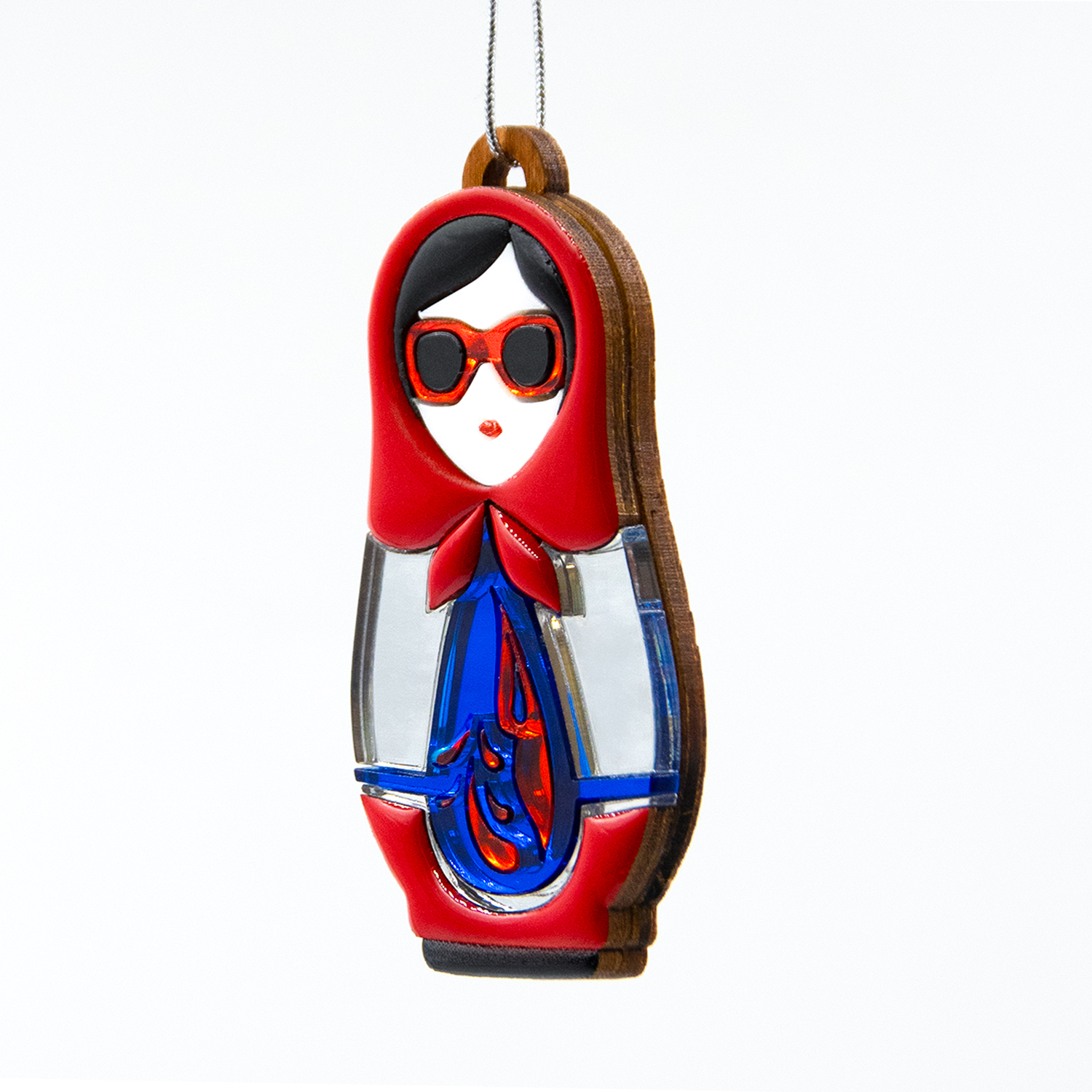 Ёлочная игрушка Матрёшка с узорами (красный с синим)-2