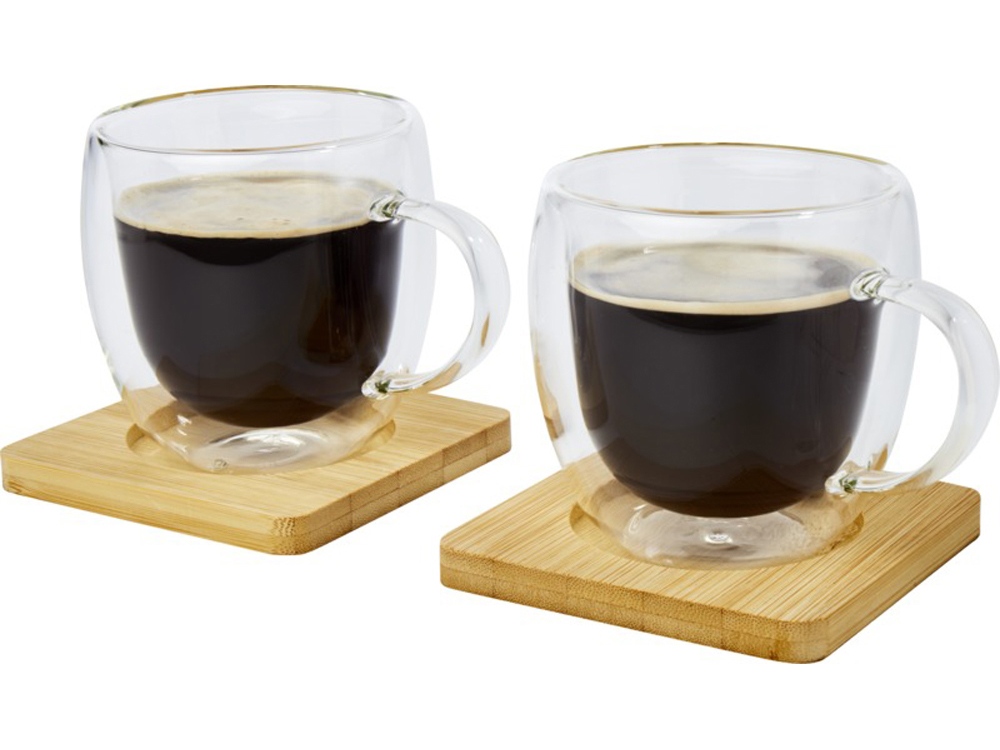Стеклянный стакан Manti объемом 250 мл с двойными стенками и подставкой из бамбука, 2 шт. , natural-2