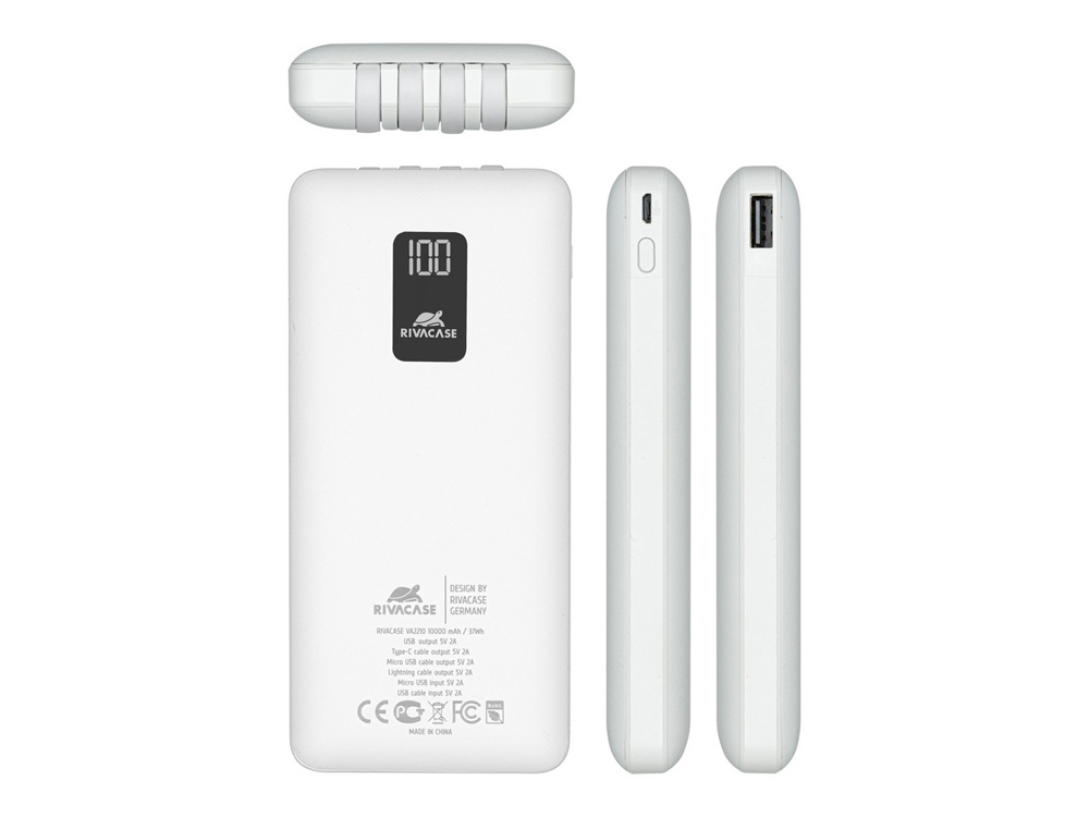 RIVACASE VA2210 (10000 мАч) внешний аккумулятор с дисплеем и встроенными кабелями, белый, 12/48-3