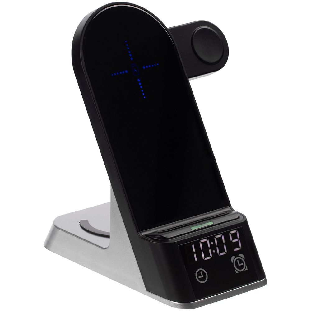 Зарядная станция с часами E-Store для смартфона, часов и наушников, черная-1