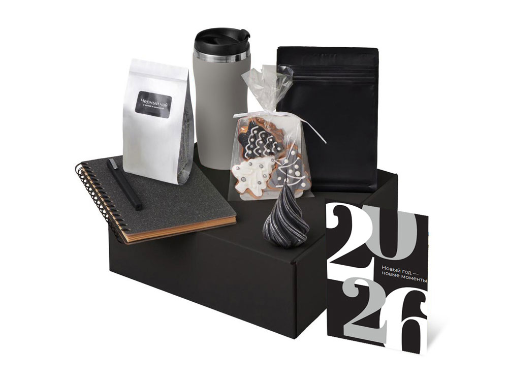 Подарочный набор c термокружкой, чаем, кофе и блокнотом, серый-1