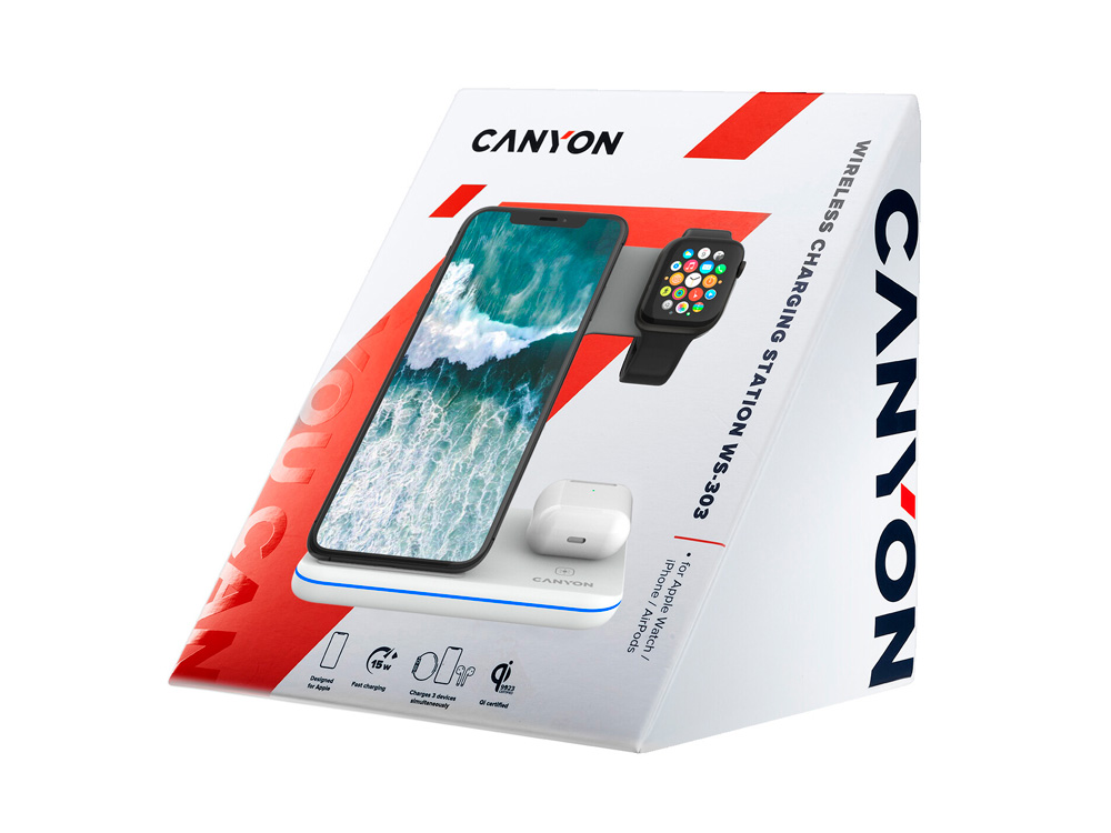 Беспроводное зарядное устройство для гаджетов 3-в-1 с технологией QI Canyon WS-303 (CNS-WCS303W), 15W, белый-5