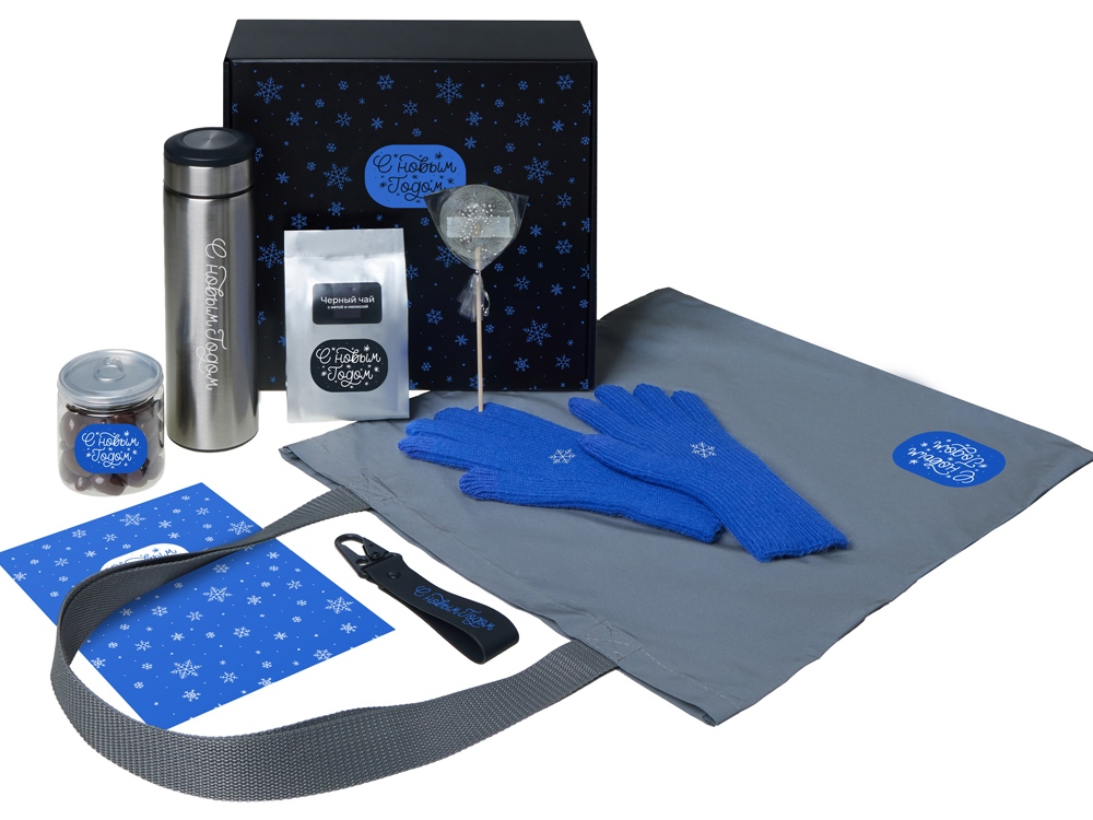 Подарочный набор с перчатками, термосом и чаем, синий-0