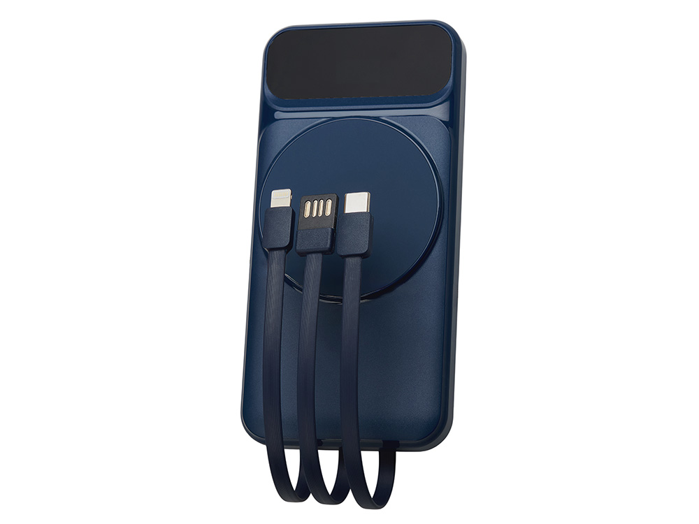 Магнитный беспроводной внешний аккумулятор со встроенными кабелями Мэни,быстаря зарядка, 10000 мАч, тёмно-синий-4