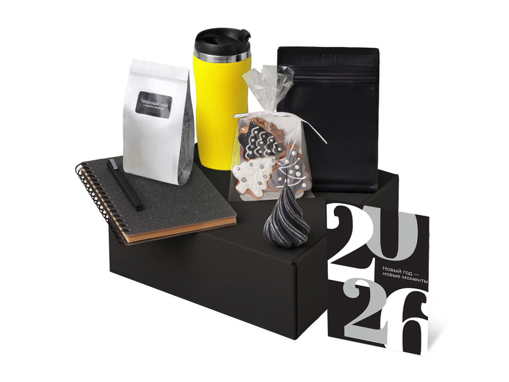 Подарочный набор c термокружкой, чаем, кофе и блокнотом, желтый-1