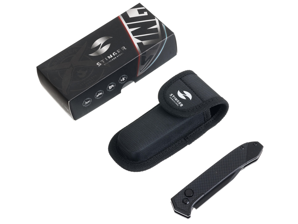 Нож складной Stinger, 115 мм, (черный), материал рукояти: нержавеющая сталь, стеклотекстолит G10-4