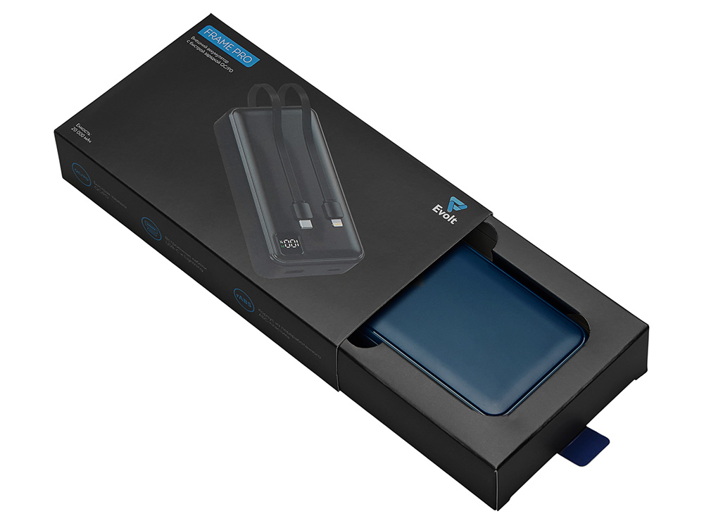 Внешний аккумулятор со встроенными кабелями Фрэйм Про, быстрая зарядка, 20000мач, тёмно-синий-5