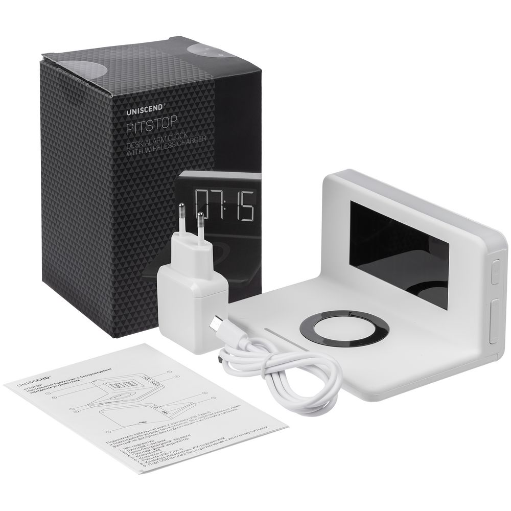 Часы настольные с беспроводным зарядным устройством Pitstop, белые-7