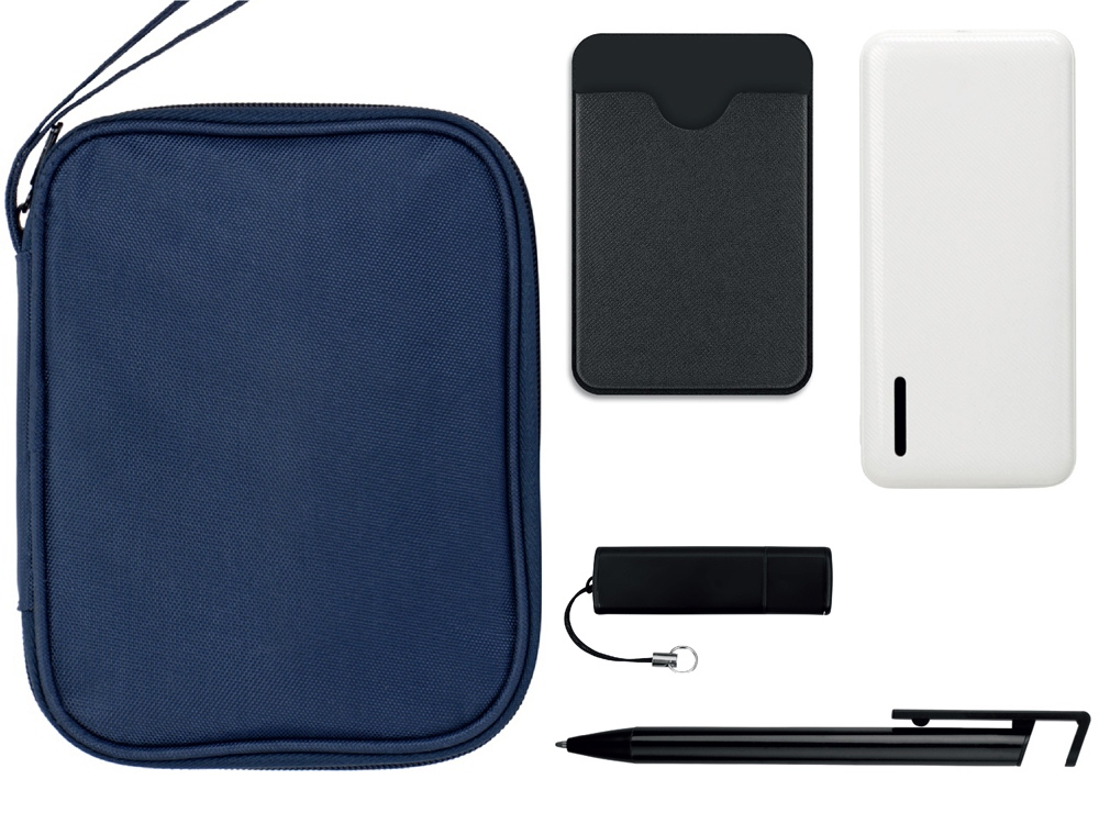 Подарочный набор с флешкой, повербанком и ручкой, темно-синий/черный-0