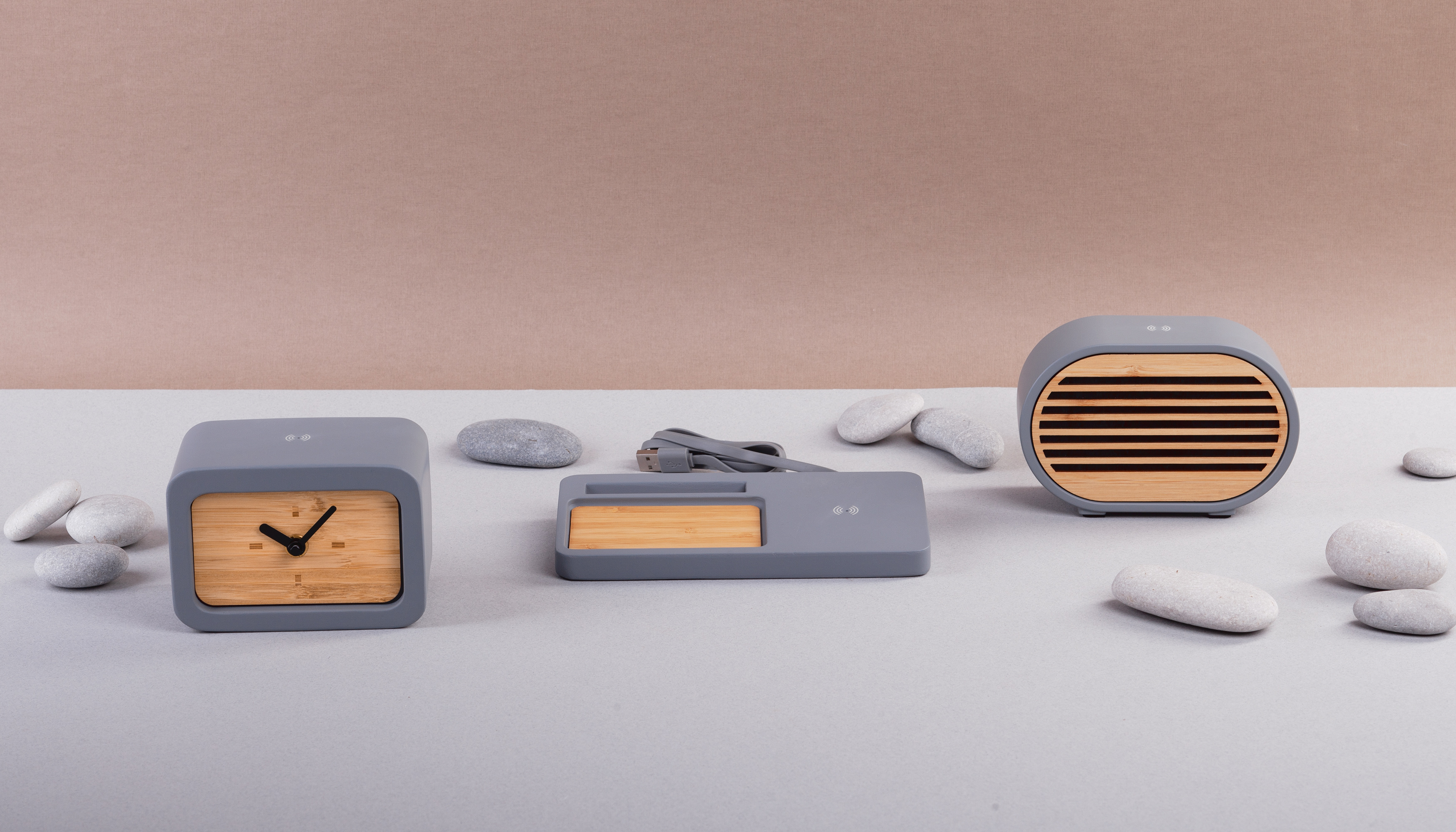 Bluetooth-колонка "Stonehenge" 5Вт с беспроводным зарядным устройством, камень/бамбук-3