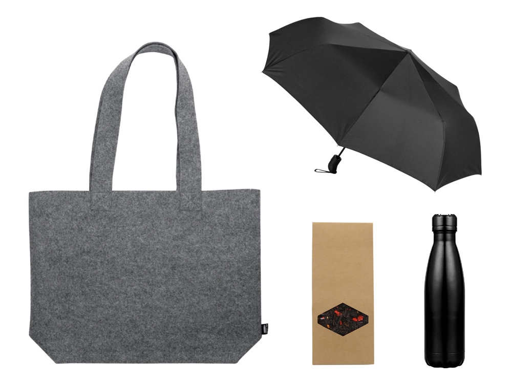 Подарочный набор с зонтом и термобутылкой в шопере, черный-0