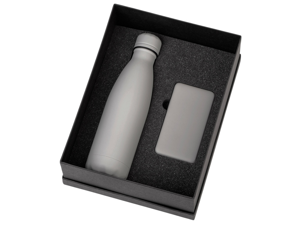 Подарочный набор с термобутылкой и повербанком С2, серый-1