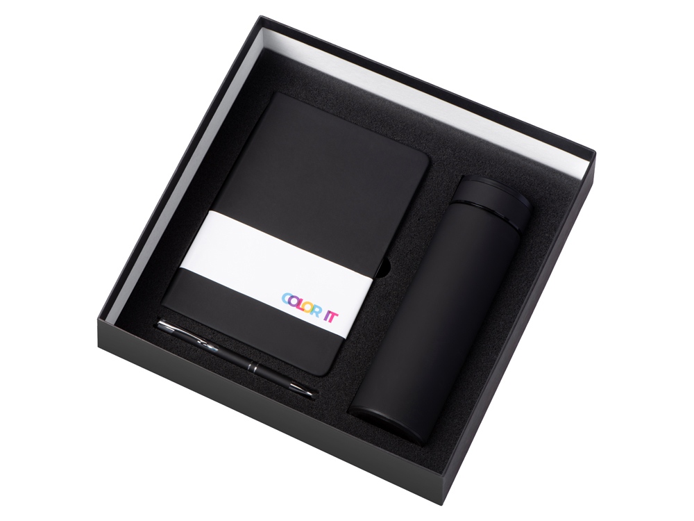 Подарочный набор с блокнотом С1, металлической ручкой и термосом, черный-1