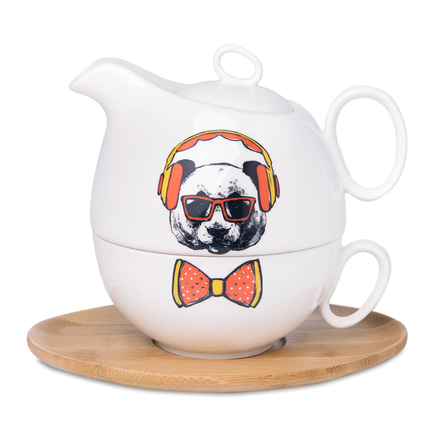 Чайник с кружкой на подставке  "Мила" без упаковки, 21,5х24х12см,500мл и 300мл, фарфор, бамбук, коричневый, белый-3