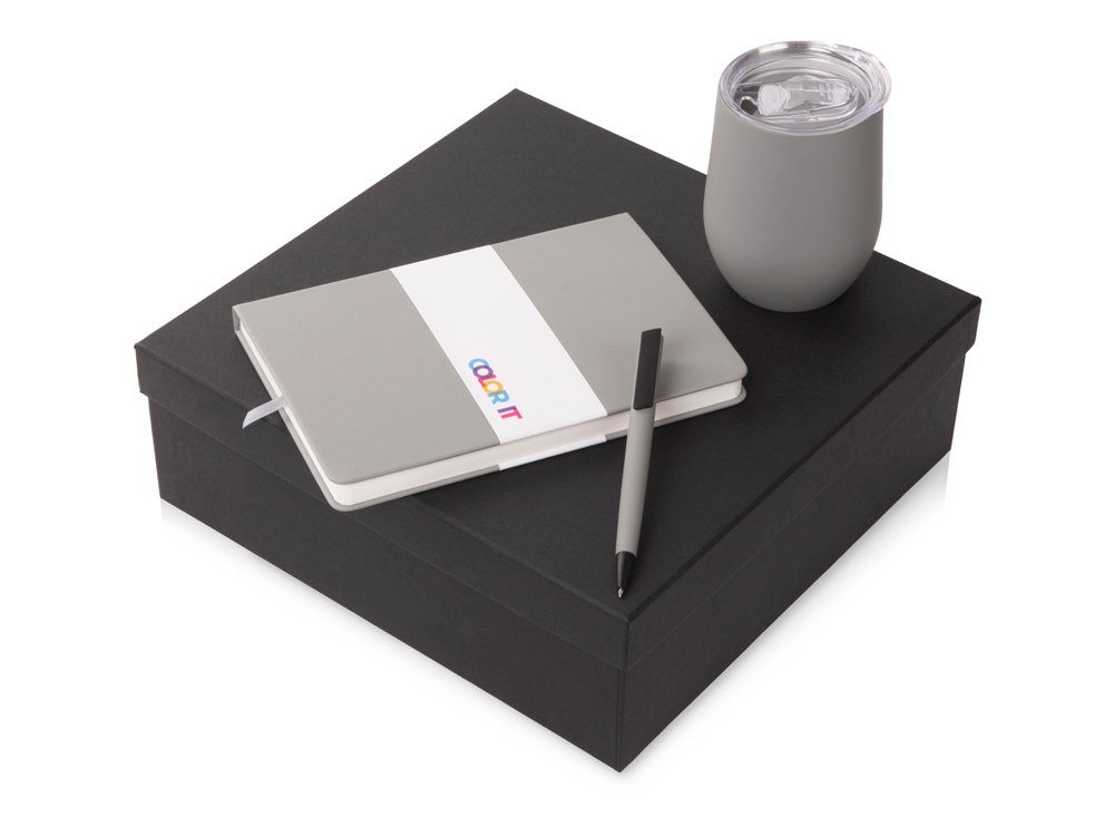 Подарочный набор c блокнотом C2, ручкой и термокружкой, серый-0