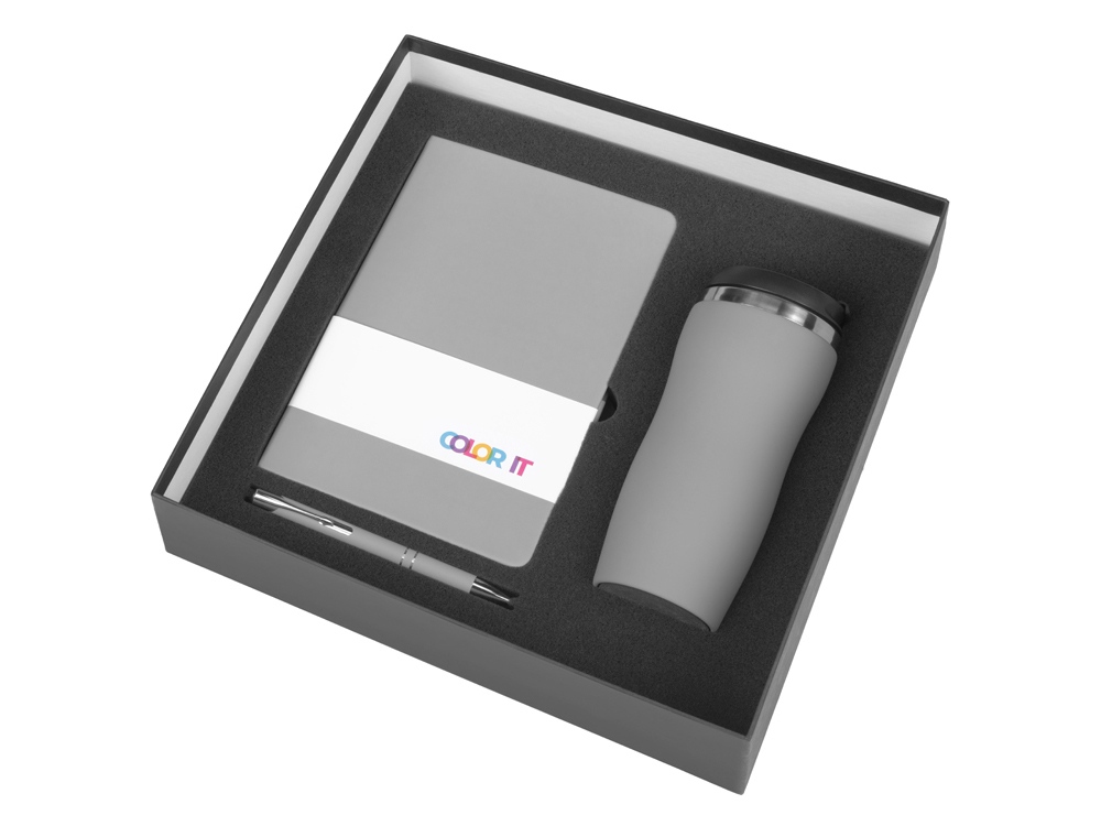 Подарочный набор с блокнотом С2, металлической ручкой и термокружкой, серый-1