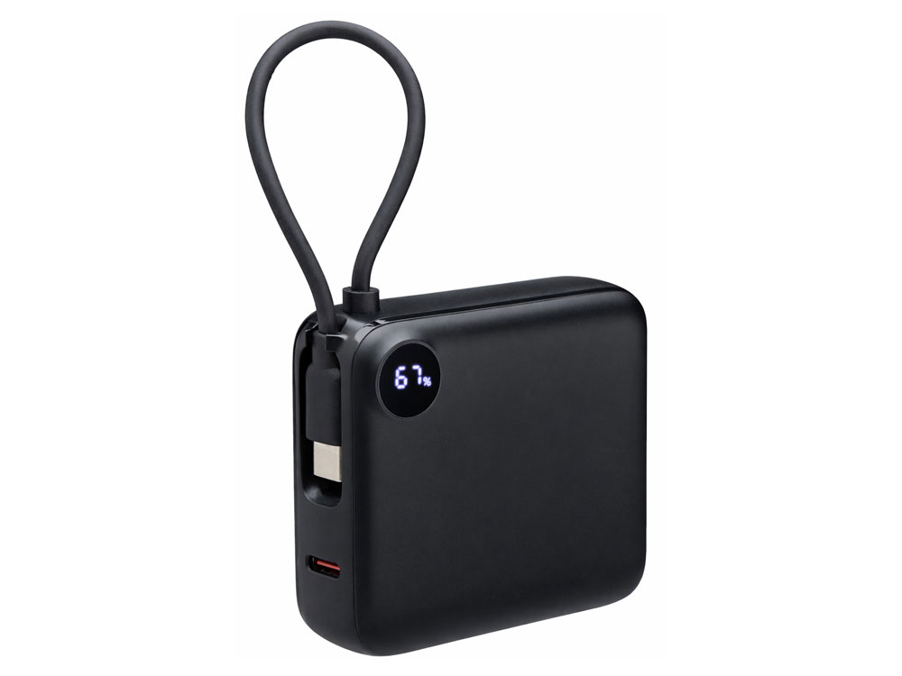 Внешний аккумулятор со встроенным кабелем Liri, QC/PD, 10000 мАч, черный-0