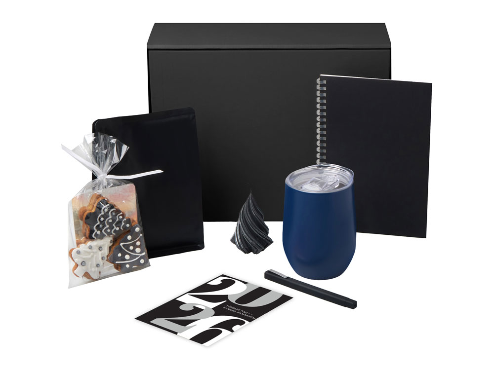 Подарочный набор c термокружкой, блокнотом, ручкой и свечкой, темно - синий-1