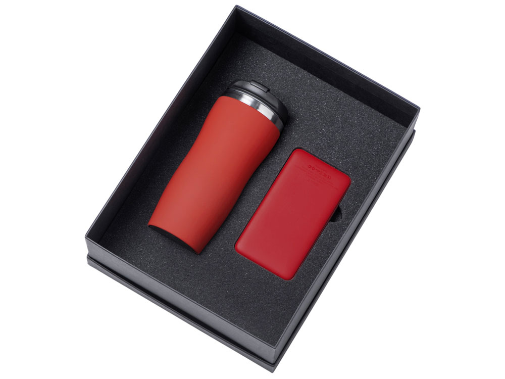 Подарочный набор c вакуумной термокружкой и повербанком С1, красный-1