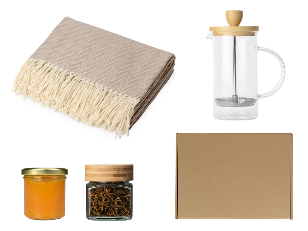 Подарочный набор с пледом, френчпрессом, чаем и вареньем, бежевый-0