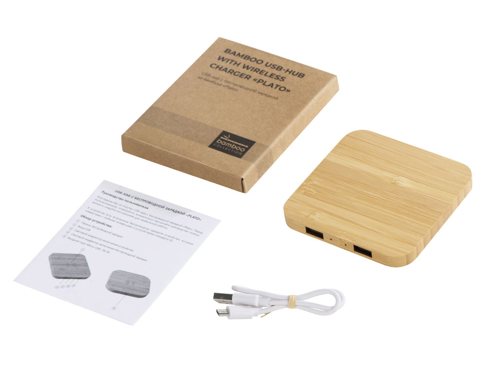 USB-хаб с беспроводной зарядкой из бамбука Plato-10