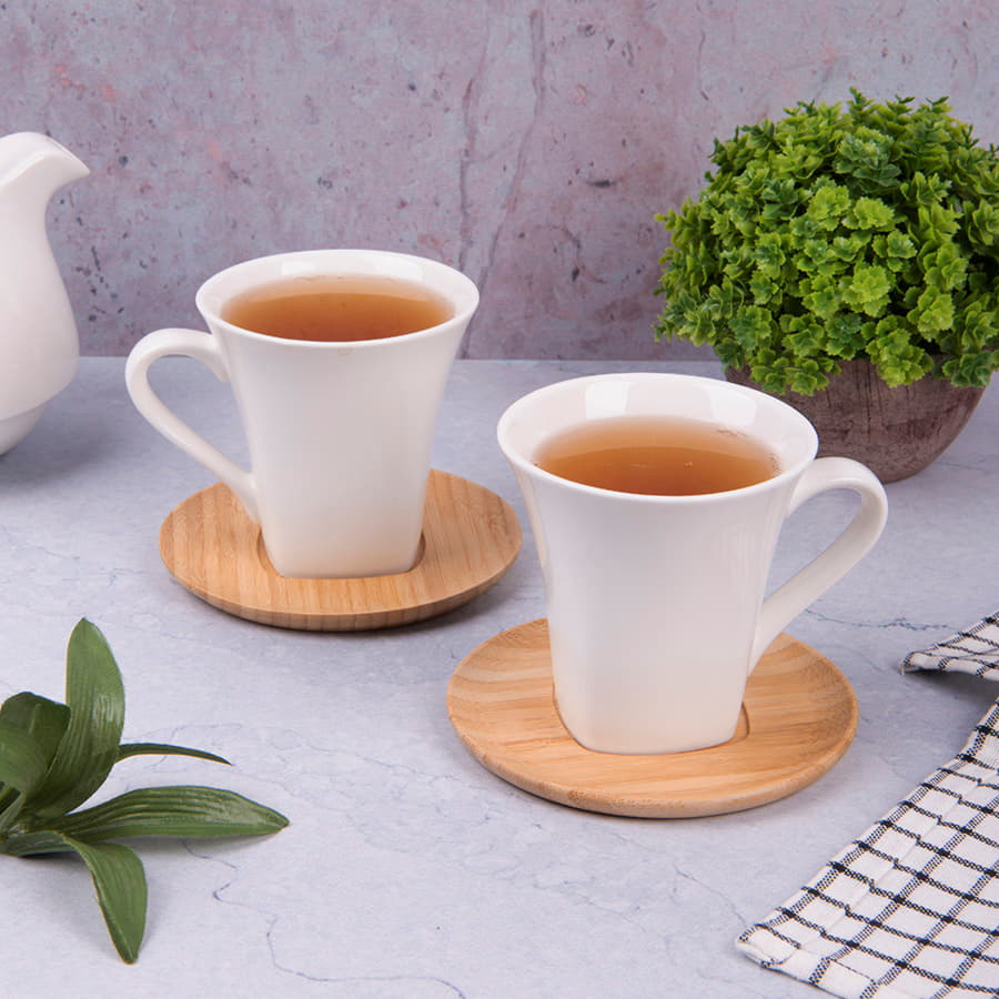 Чайные пары  "Натали" 2 штуки в упаковке, 19,5х19х9см, 200мл, фарфор, бамбук, коричневый, белый-2