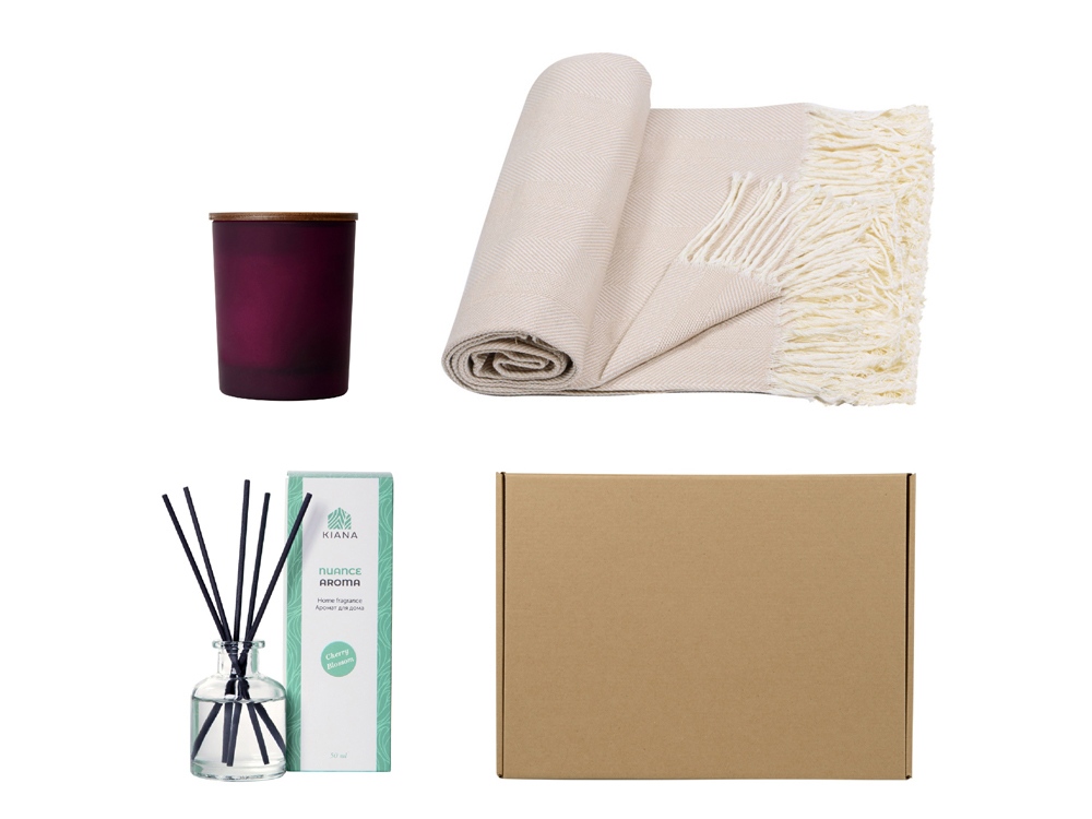 Подарочный набор с пледом, свечой и диффузором, бежевый-0