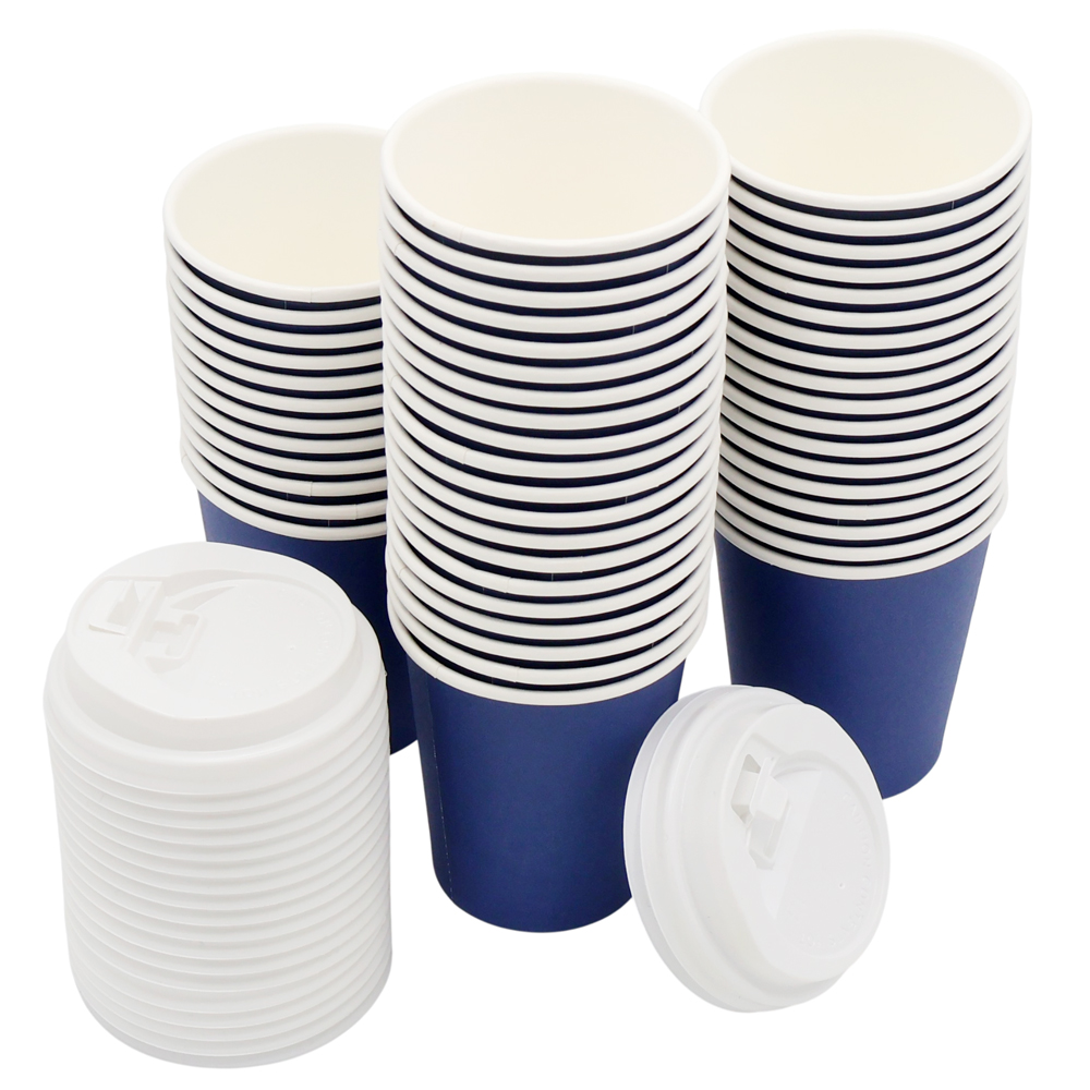 Набор бумажных стаканов с крышкой 8 унций (240 мл), Синий - снаружи, белый внутри-1