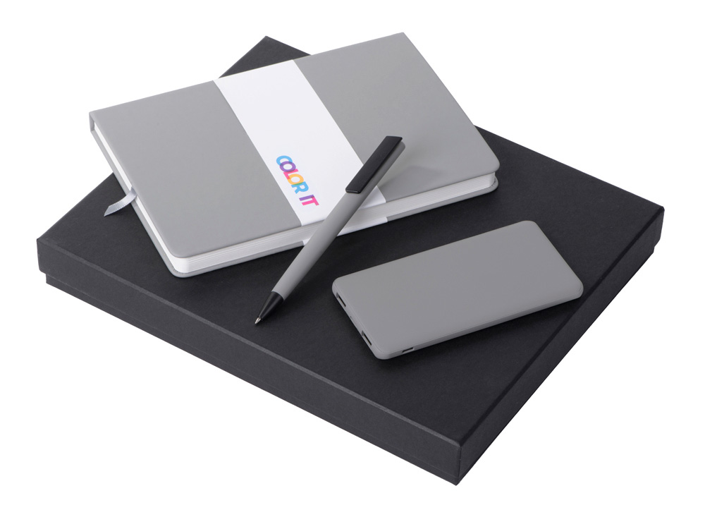 Подарочный набор c блокнотом С2, ручкой и повербанком 5000 mAh, серый-0