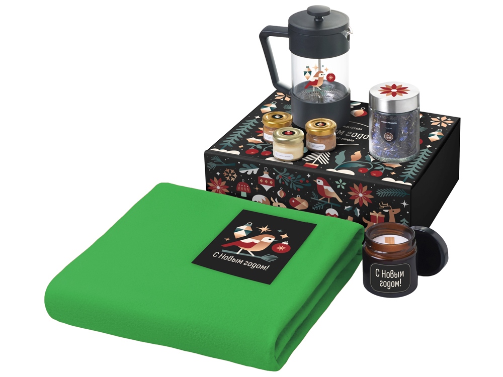 Подарочный набор c пледом, френчпрессом, чаем и медом, зеленый-0