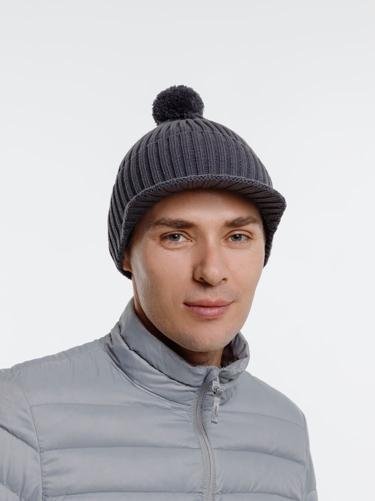 Вязаная шапка с козырьком Peaky, серая (антрацит)-3