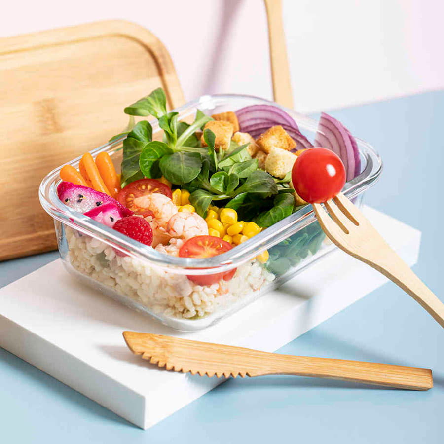 Ланч-бокс BEJAR, ложка, вилка нож в комплекте, стекло/бамбук, прозрачный-10