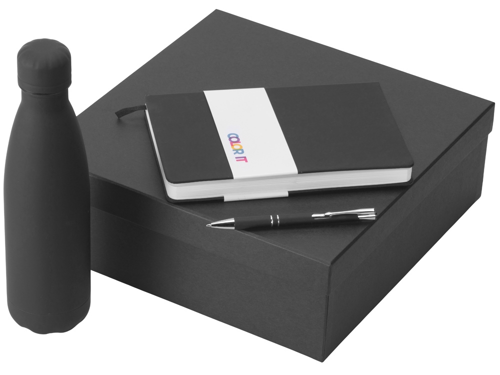 Подарочный набор с блокнотом С2, металлической ручкой и термобутылкой, черный-0