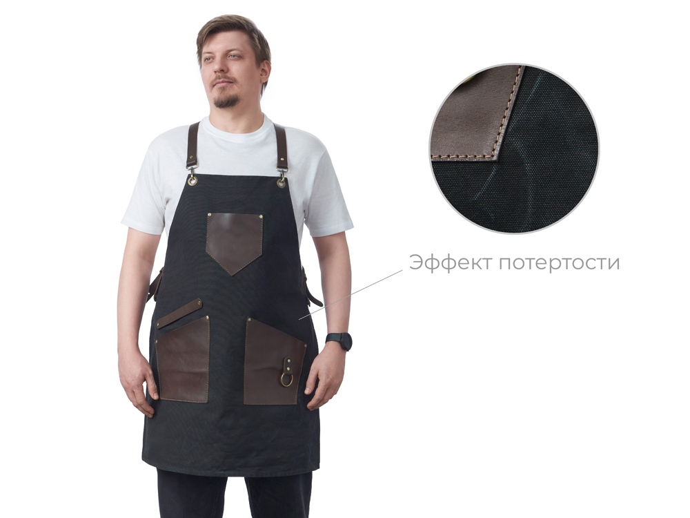 Фартук из канваса с ремнями из натуральной кожи, материал: канвас смесовый, плотность 450 гр/м, натуральная кожа КРС, цвет черный, коричневый темный-0
