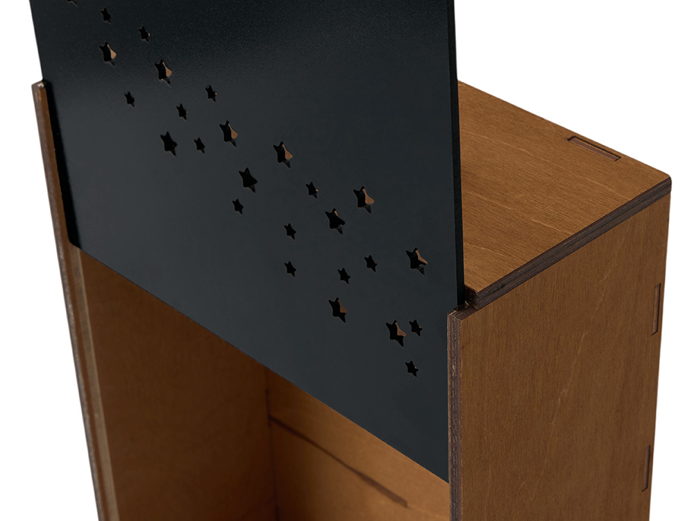 Подарочная коробка из фанеры Constellation 330х220х100 мм, фанера 6 мм, крышка на выдвижных пазах черная ЛХДФ 3 мм, бечевка-6