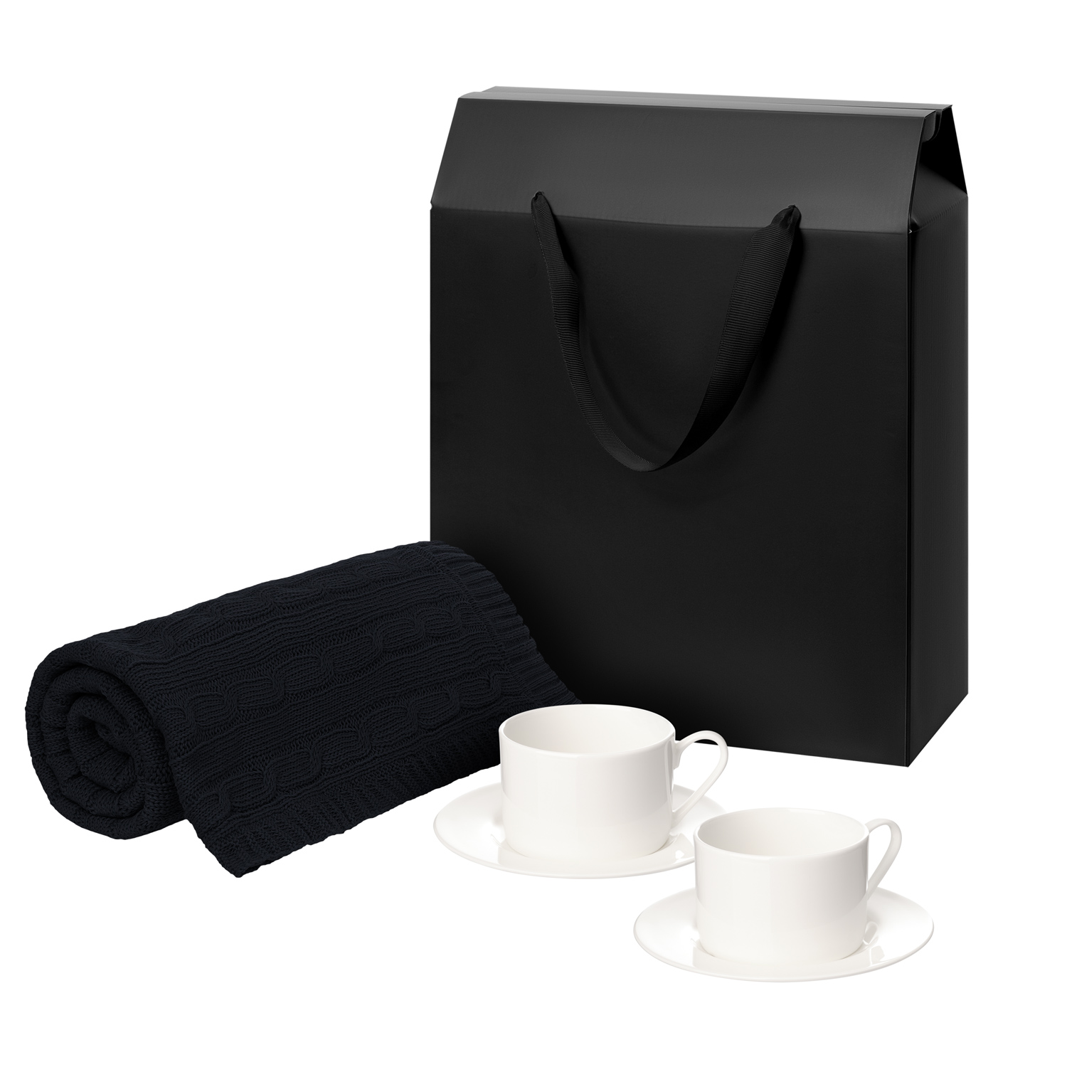 Подарочный набор Мокко (Mokko), Фадо (Fado), темно-синий в черной коробке-пакете (две чайных пары, плед)-0