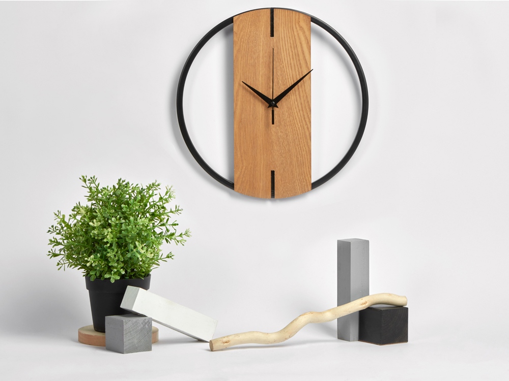 Деревянные часы с металлическим ободом, диаметр 30 см, Time Wheel, натуральный/черный-5