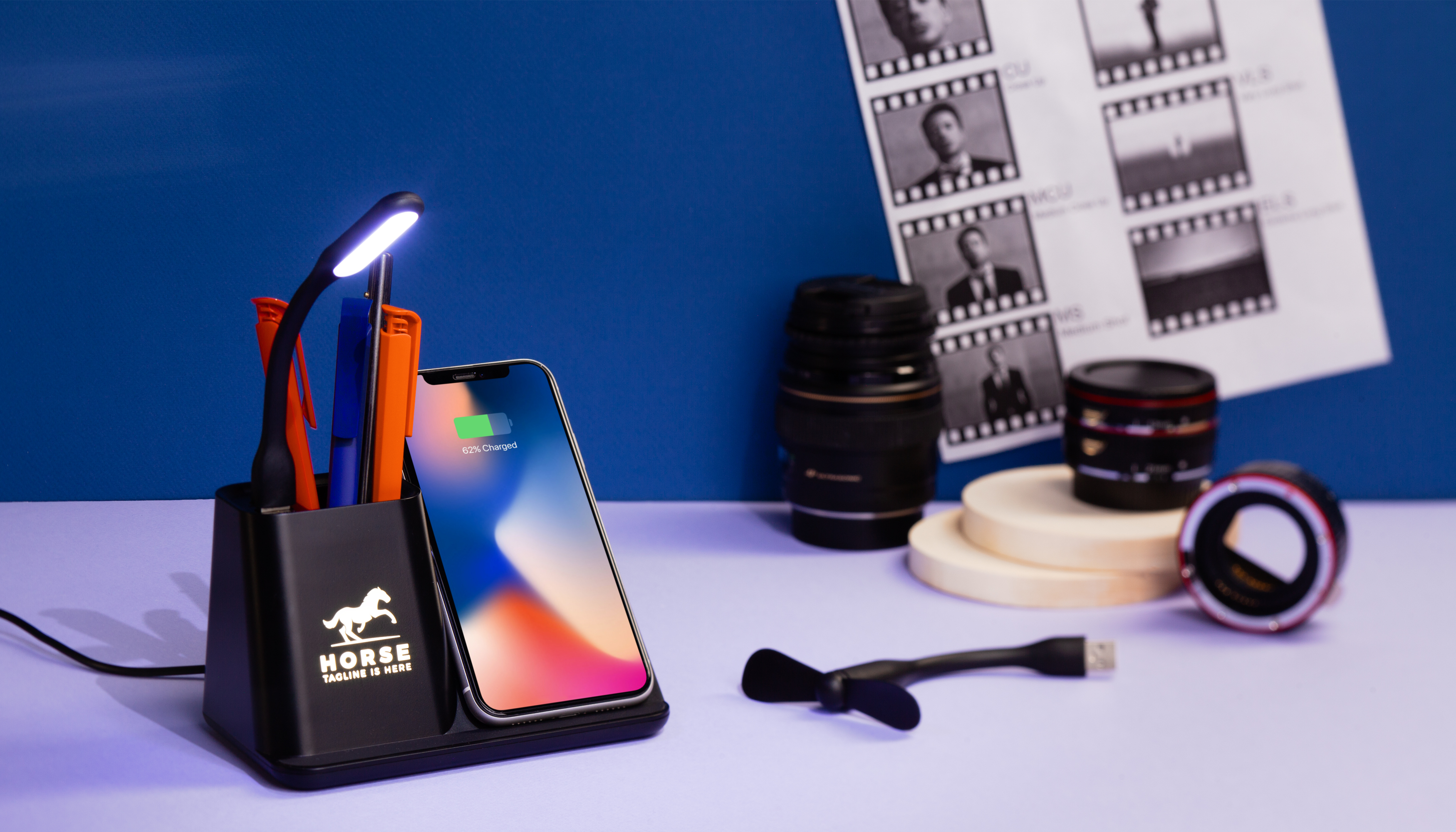 Карандашница "Black Star" с беспроводным (10W) зарядным устройством, вентилятором и лампой, с подсветкой логотипа-1