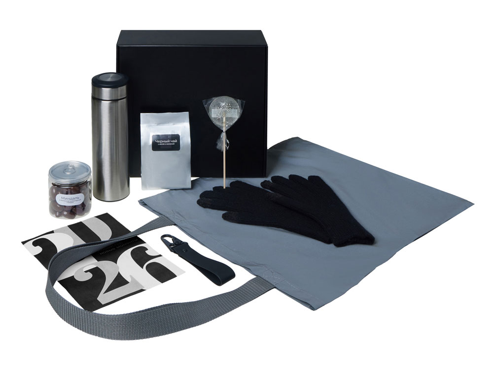 Подарочный набор с перчатками, термосом и чаем, черный-1