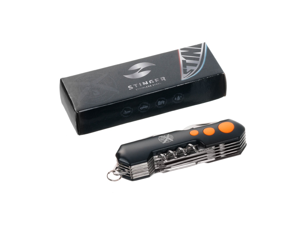 Нож перочинный Stinger, 96 мм, 15 функций, материал рукояти: алюминий, PP (черный/оранжевый)-8