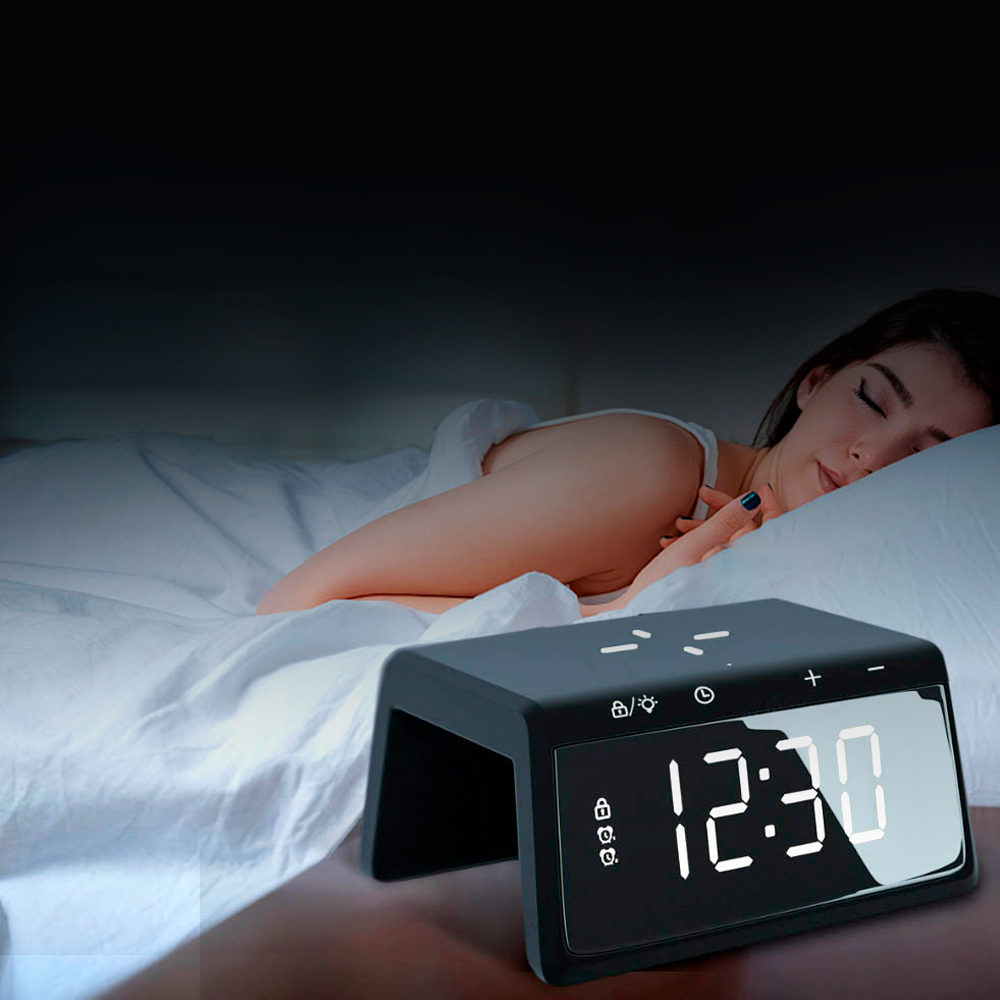 Часы настольные Bridge с функцией беспроводной зарядки, Черный-2