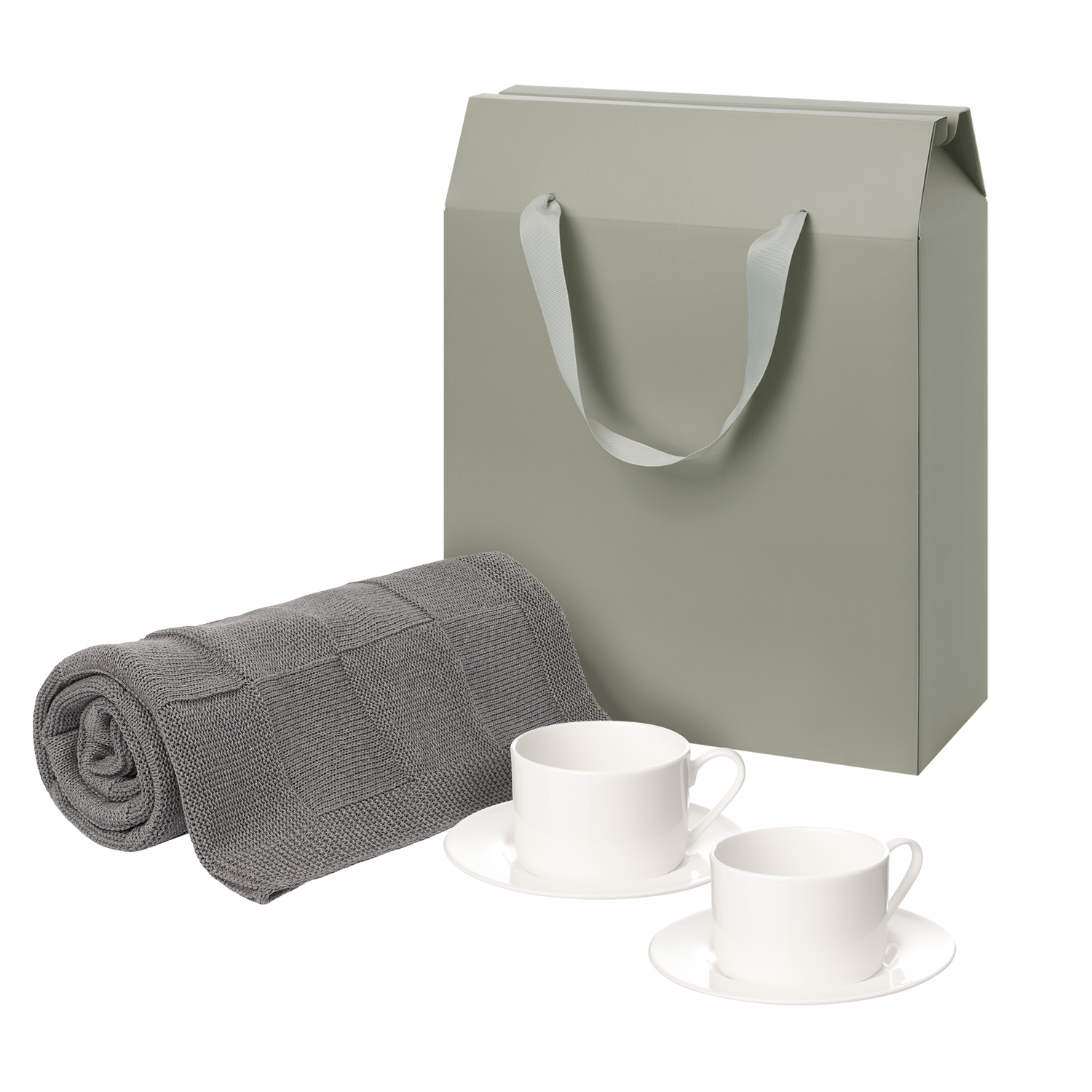 Подарочный набор Мокко (Mokko), Селла (Сella), серый в коробке-пакете (две чайных пары, плед)-0