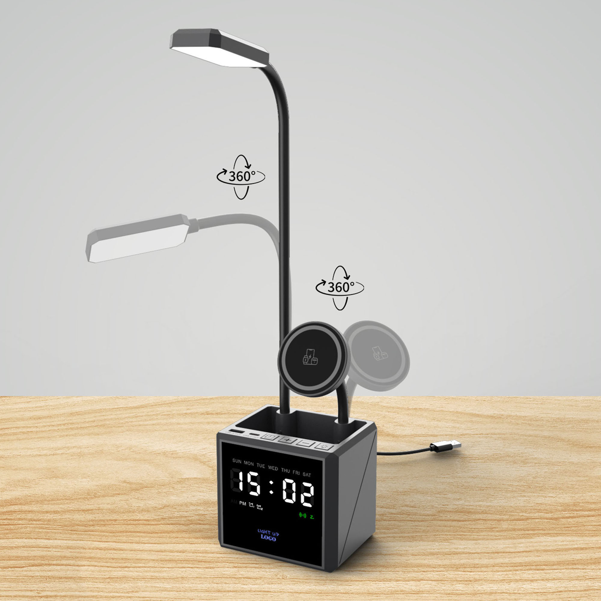 Лампа "Smart Flex" с беспроводным 3в1 (15W) ЗУ с MagSafe, часами, карандашницей и подсветкой логотипа-0