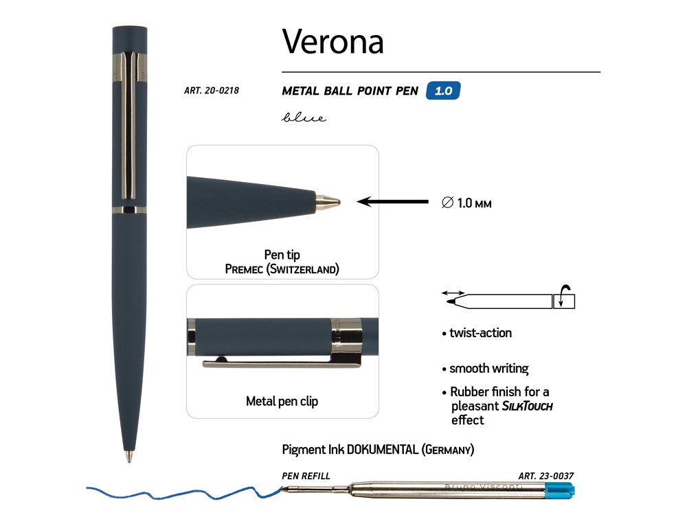 Ручка Verona шариковая автоматическая, синий металлический корпус 1.0 мм, синяя-2