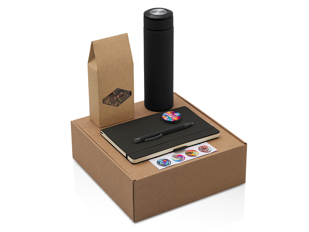 Подарочный набор с термосом, блокнотом, ручкой и чаем, черный-0