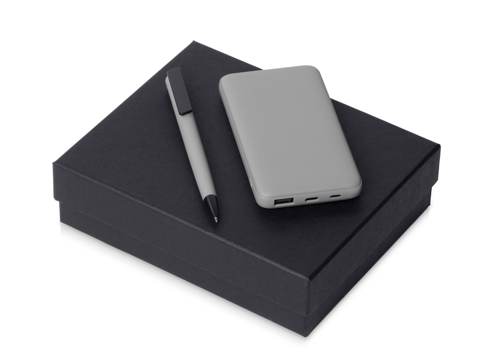 Подарочный набор c пластиковой ручкой, повербанком С2, 10000 mAh, серый-0