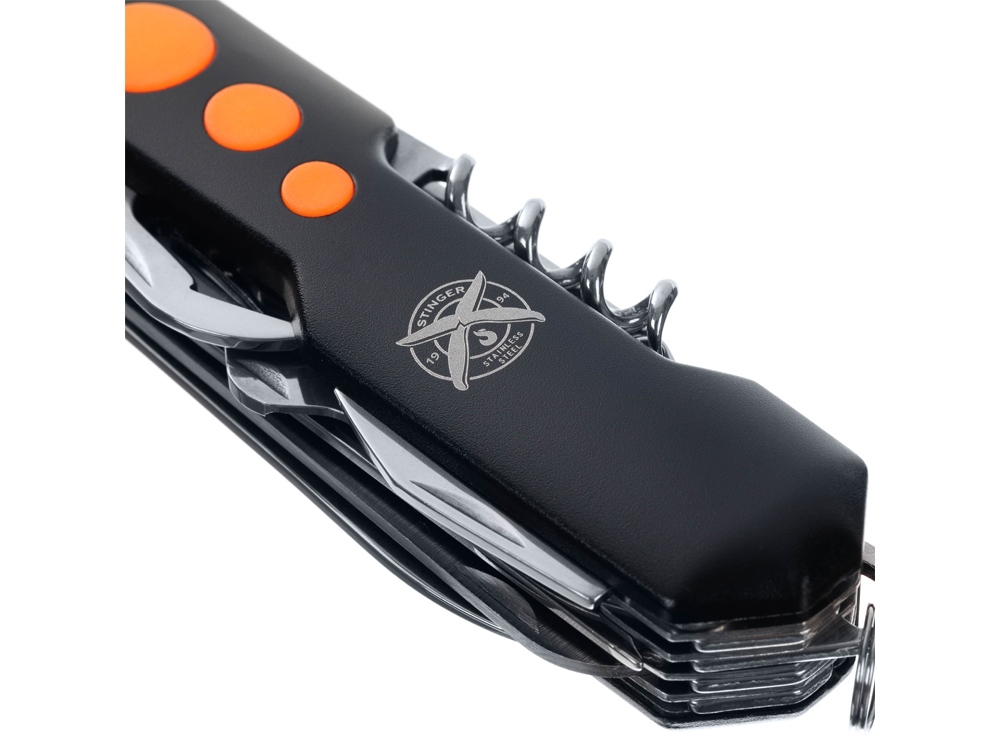 Нож перочинный Stinger, 96 мм, 15 функций, материал рукояти: алюминий, PP (черный/оранжевый)-7