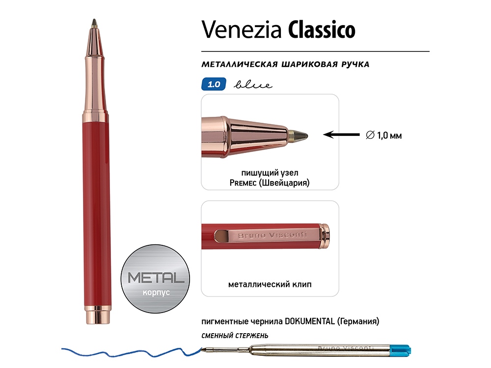 Ручка металлическая шариковая Venezia Classico, красный-2